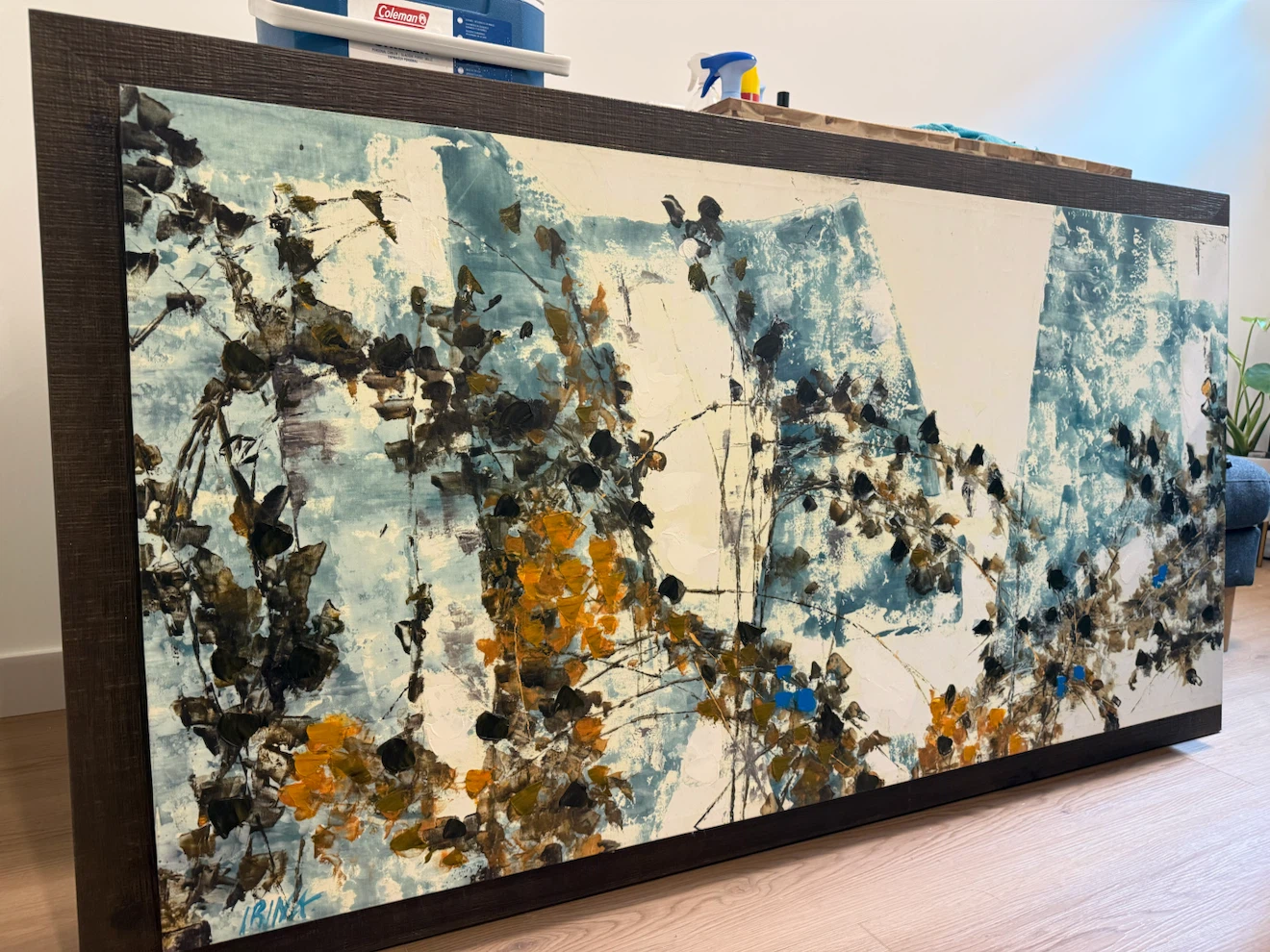 Abstract Floral Artwork with Dark Wood Frame - photo 2