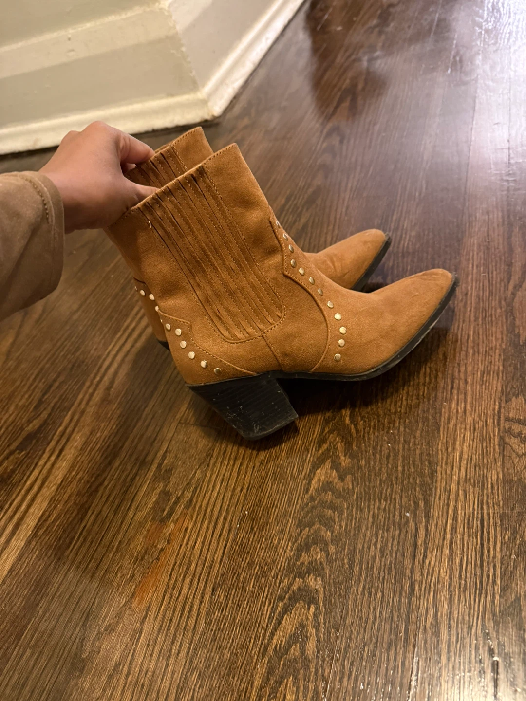 Tan Faux Suede Studded Ankle Boots