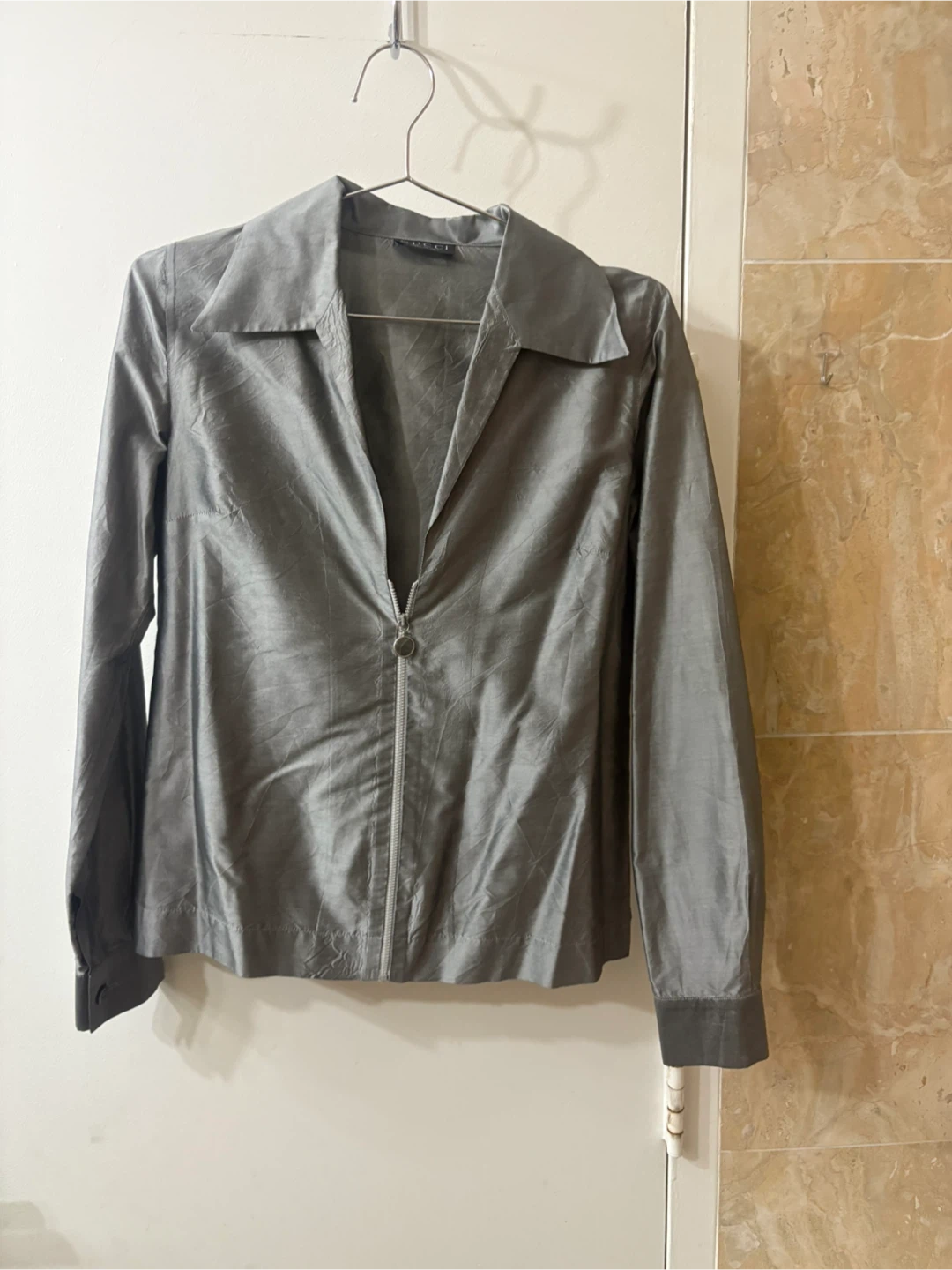 Vtg GUCCI Tom Ford Era Metallic Silver Gray Zip-Up Shirt IT 42 M