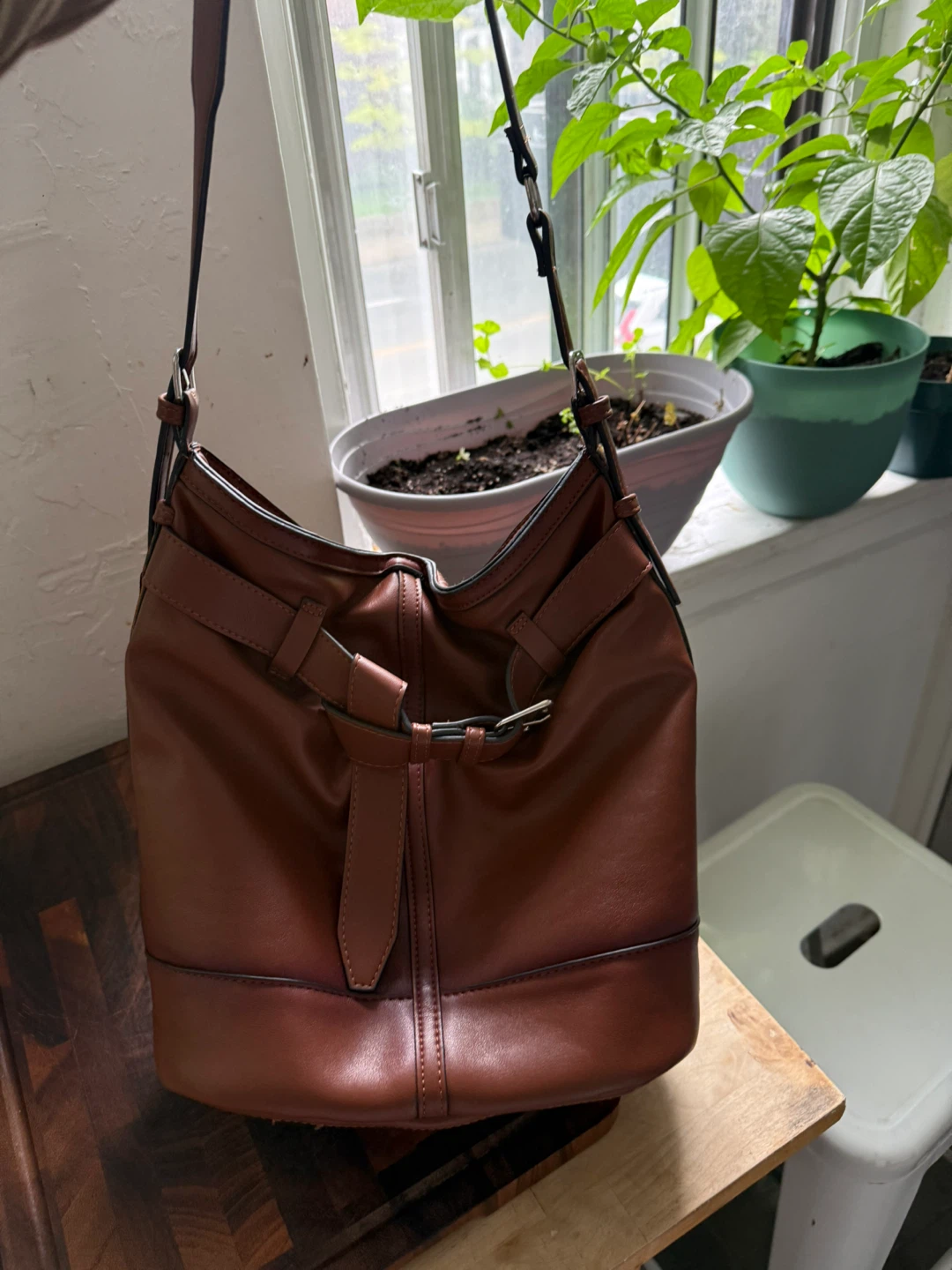 Brown Faux Leather Bucket Bag