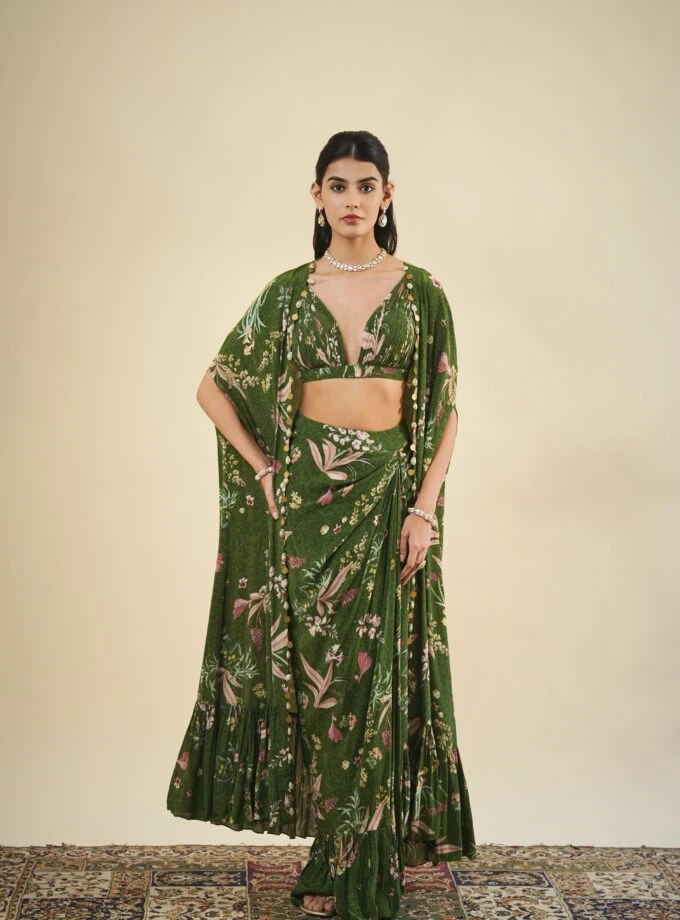 Arpita Mehta Green Floral Pleated Co-ord Set