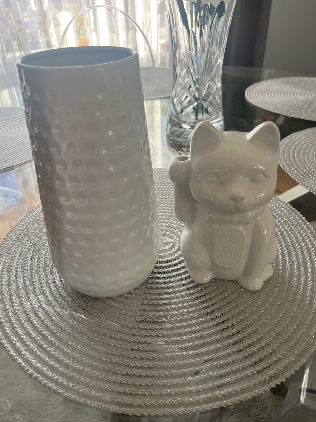 White Textured Vase and Lucky Cat Figurine Set