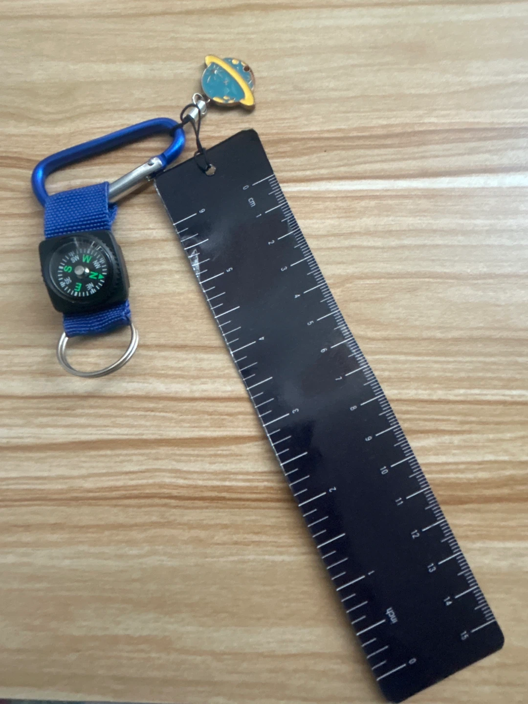 Compass Keychain with Planet Charm with a plastic ruler