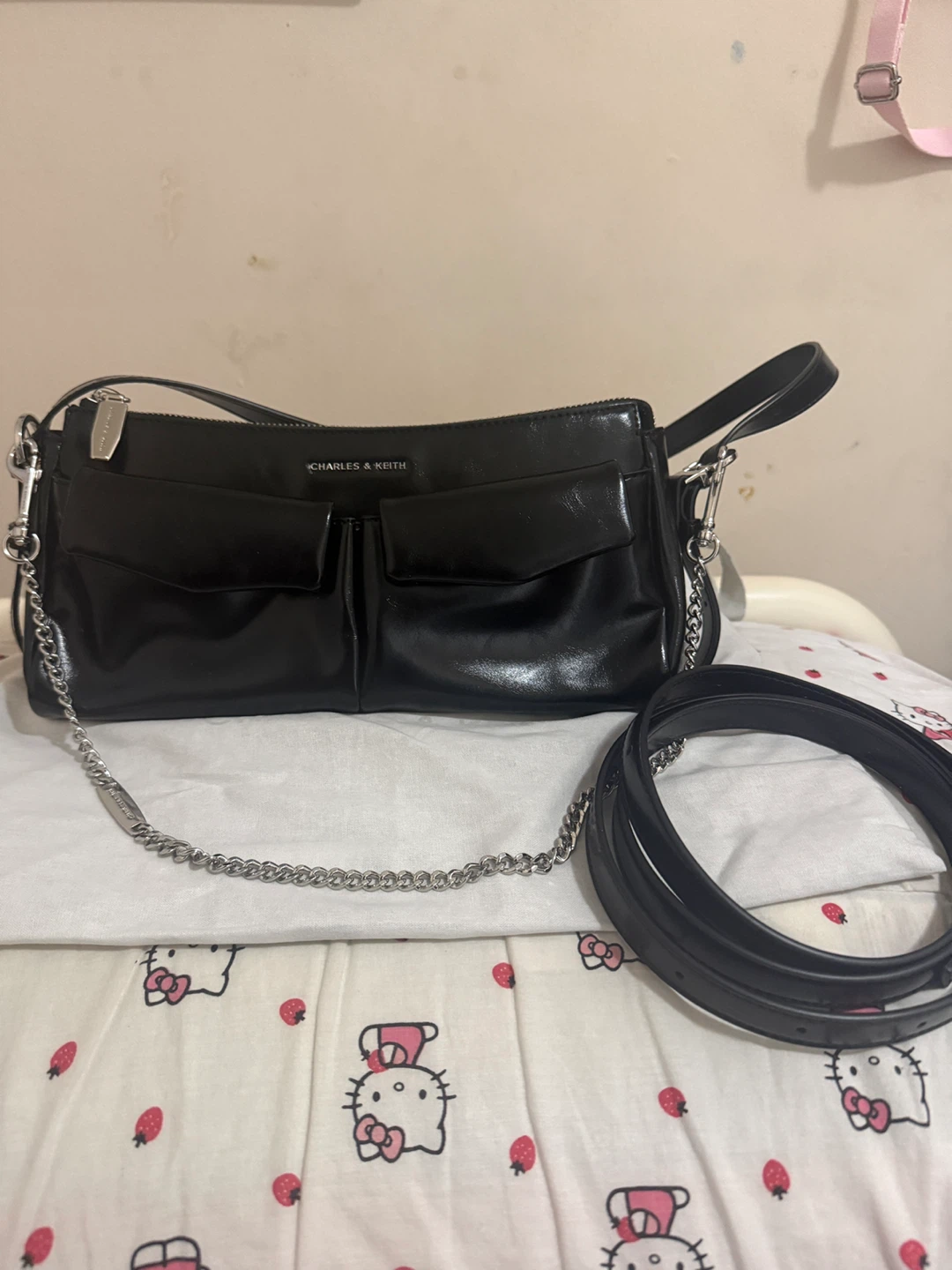 Charles & Keith Black Rachel Front-Pocket Chain Shoulder Bag