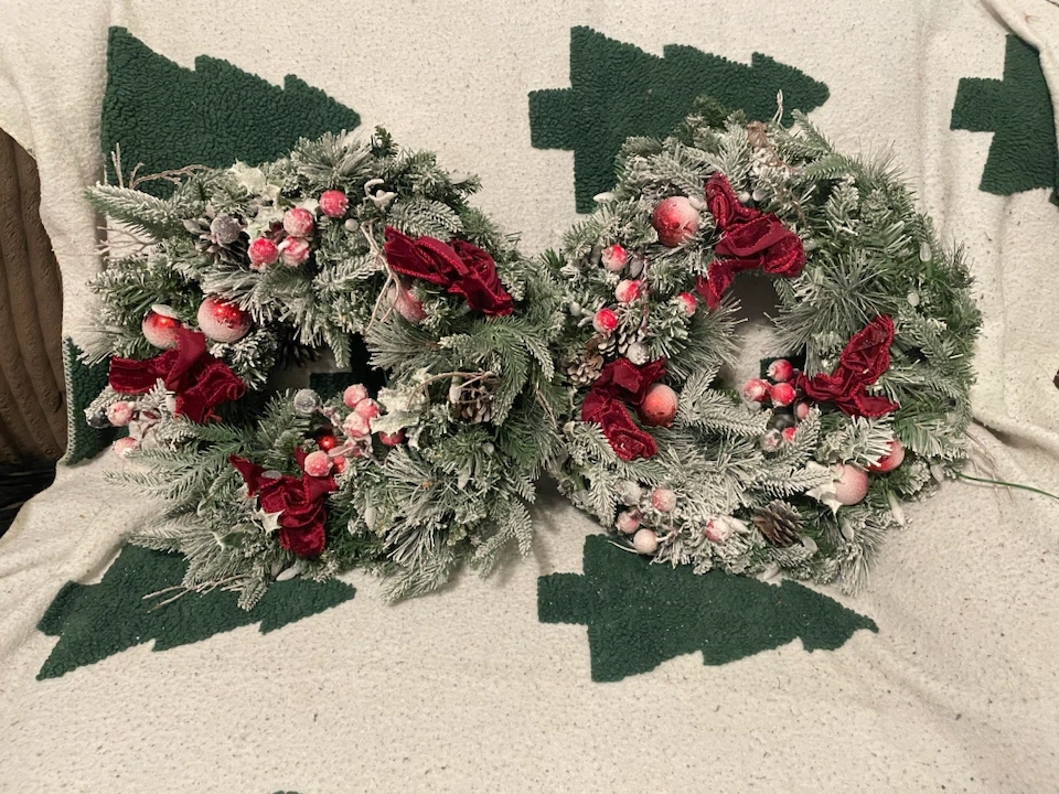 Set of Two Pre-Lit Frosted Christmas Wreaths