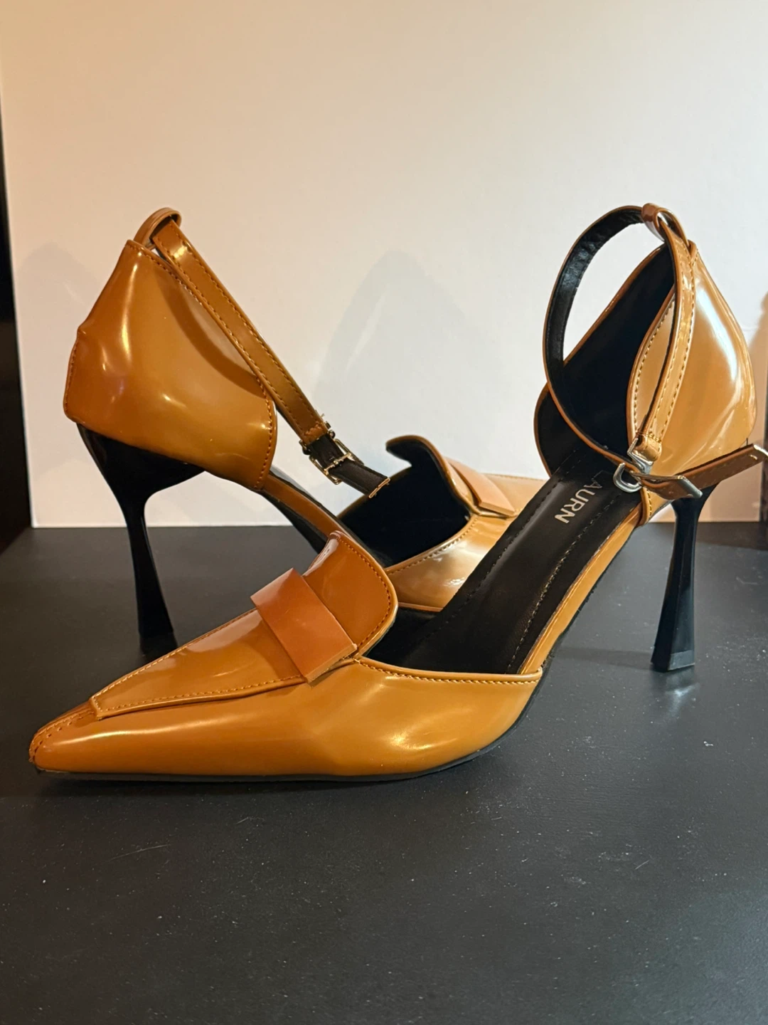 Saint Lauren Tan Patent Heeled Loafers
