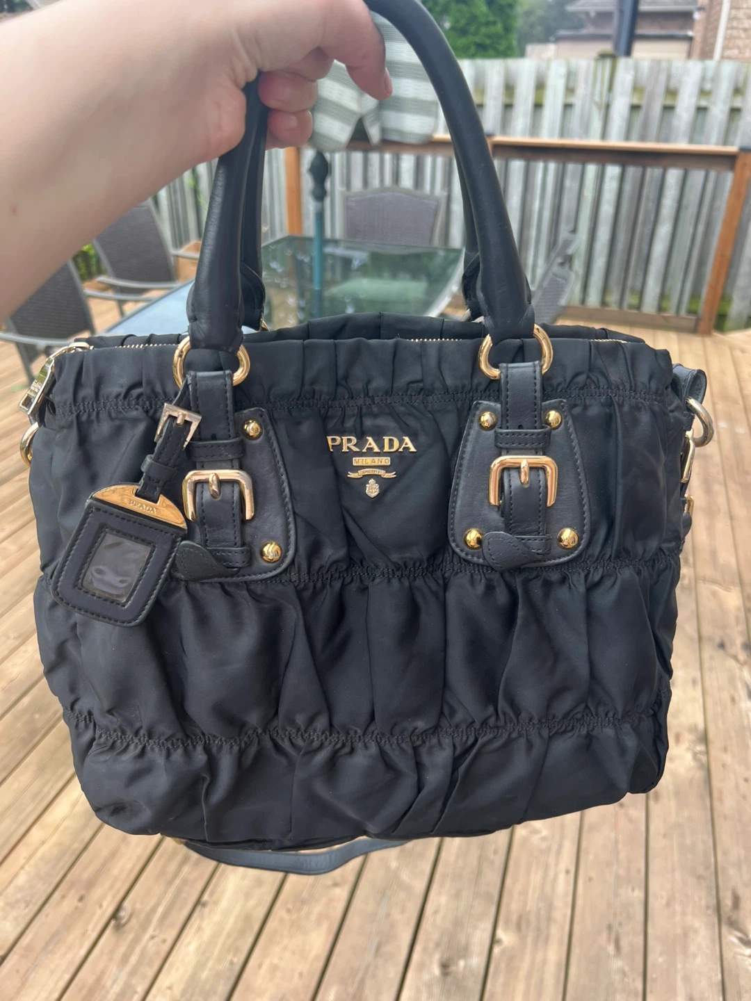 Prada Ruched Nylon Satchel with Gold Hardware