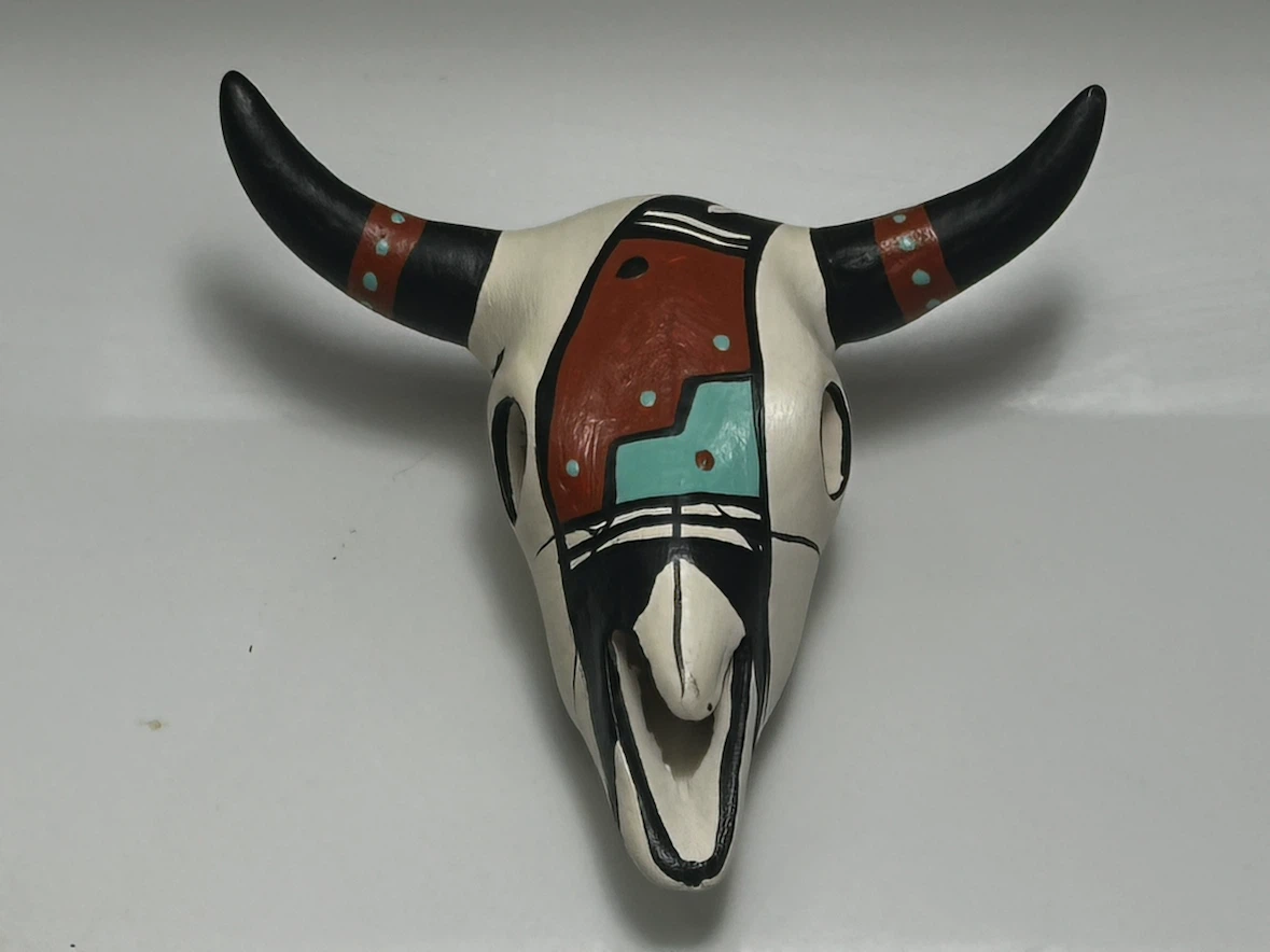 Signed E.L.M. Mini Pottery Steer Skull Southwest Art