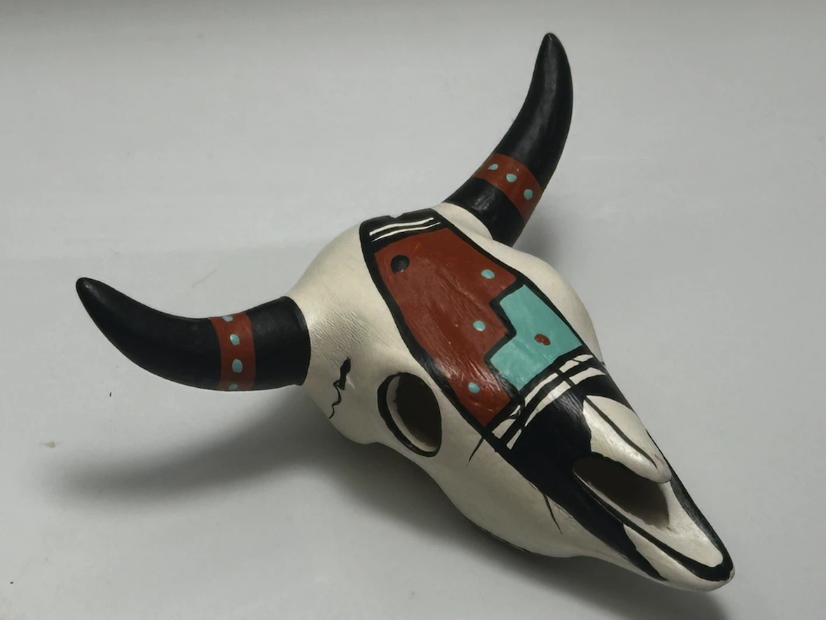 Signed E.L.M. Mini Pottery Steer Skull Southwest Art - photo 2