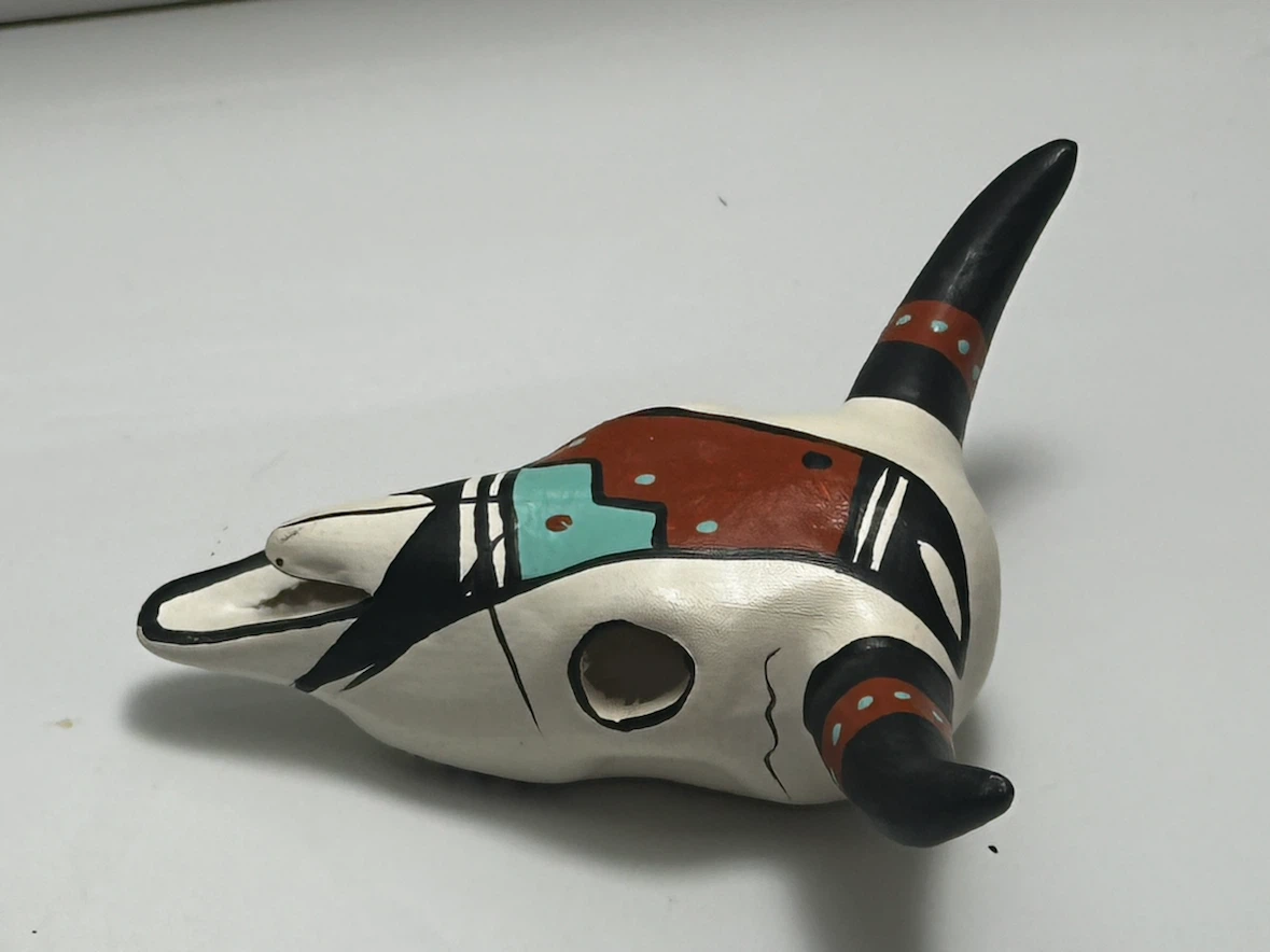 Signed E.L.M. Mini Pottery Steer Skull Southwest Art - photo 3