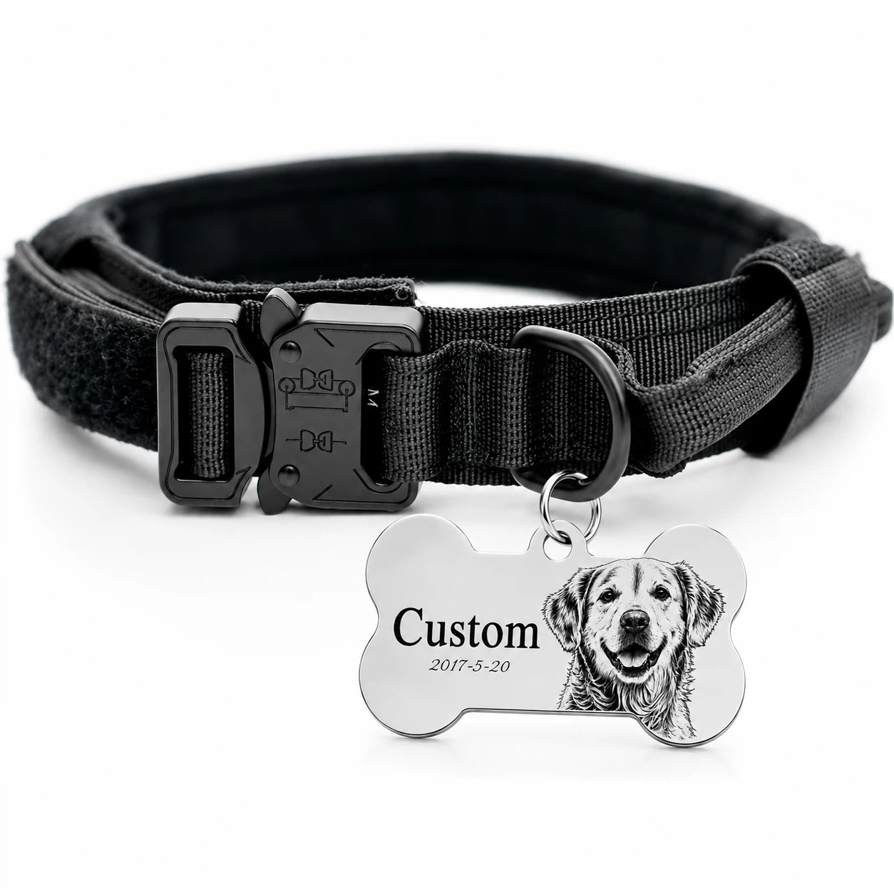 Custom Engraved Dog Bone tag and tactical colar
