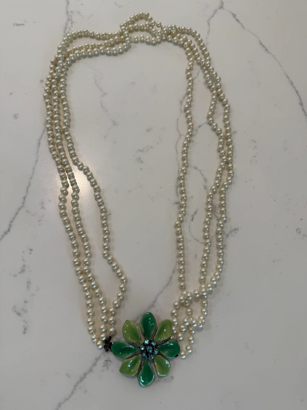 Three-Strand Faux Pearl Necklace with Green Flower Pendant