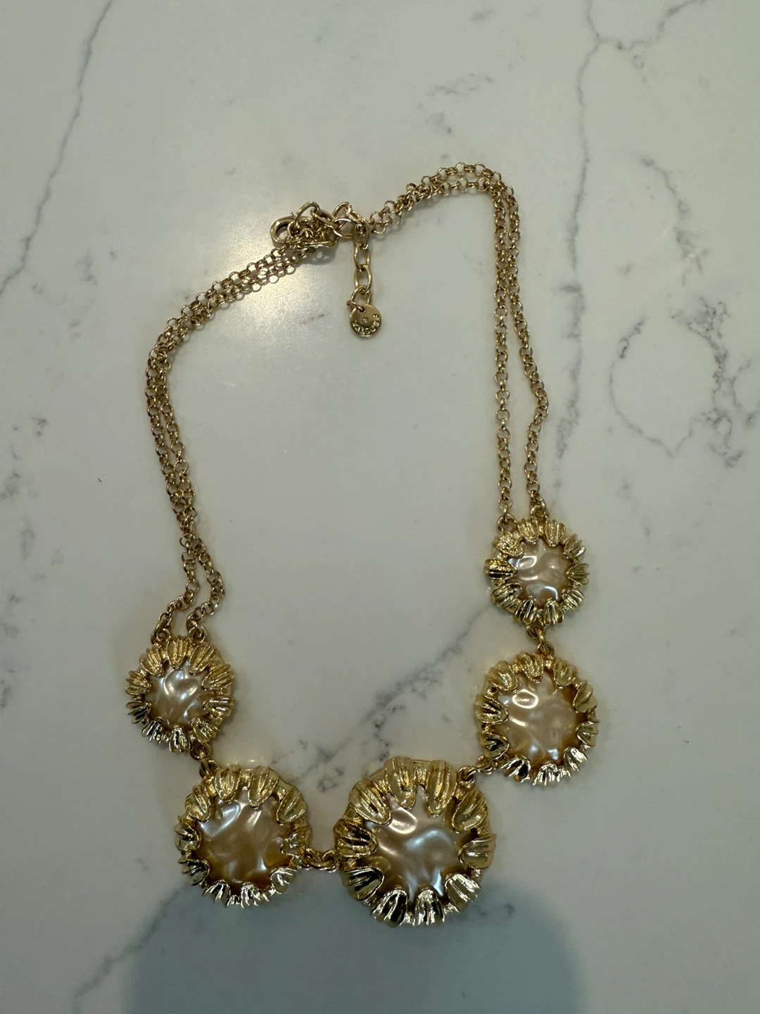 Gold Tone Floral Pearl Statement Necklace
