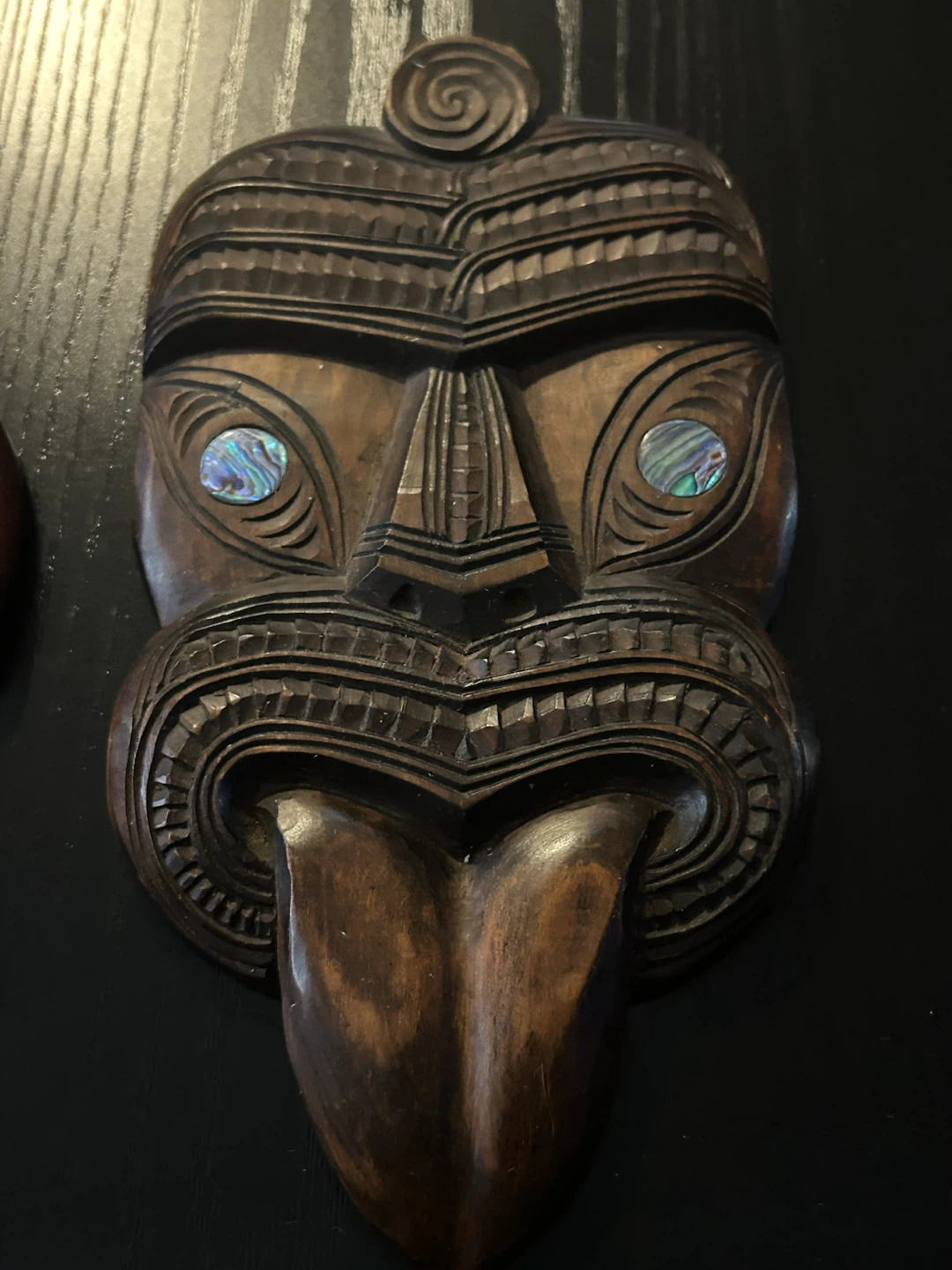 Carved Wooden Mask with Paua Shell Inlay - photo 4