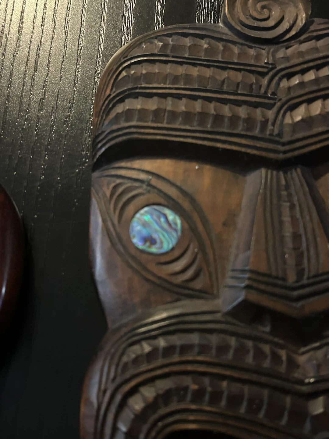 Carved Wooden Mask with Paua Shell Inlay - photo 5