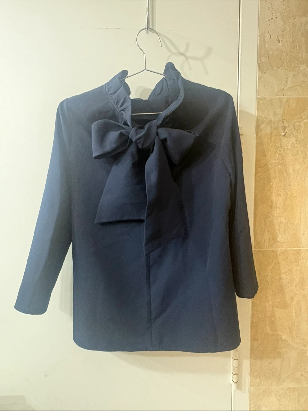 Tuckernuck Navy Blouse Ruffle Neck Big Back Bow Statement Top S - photo 3