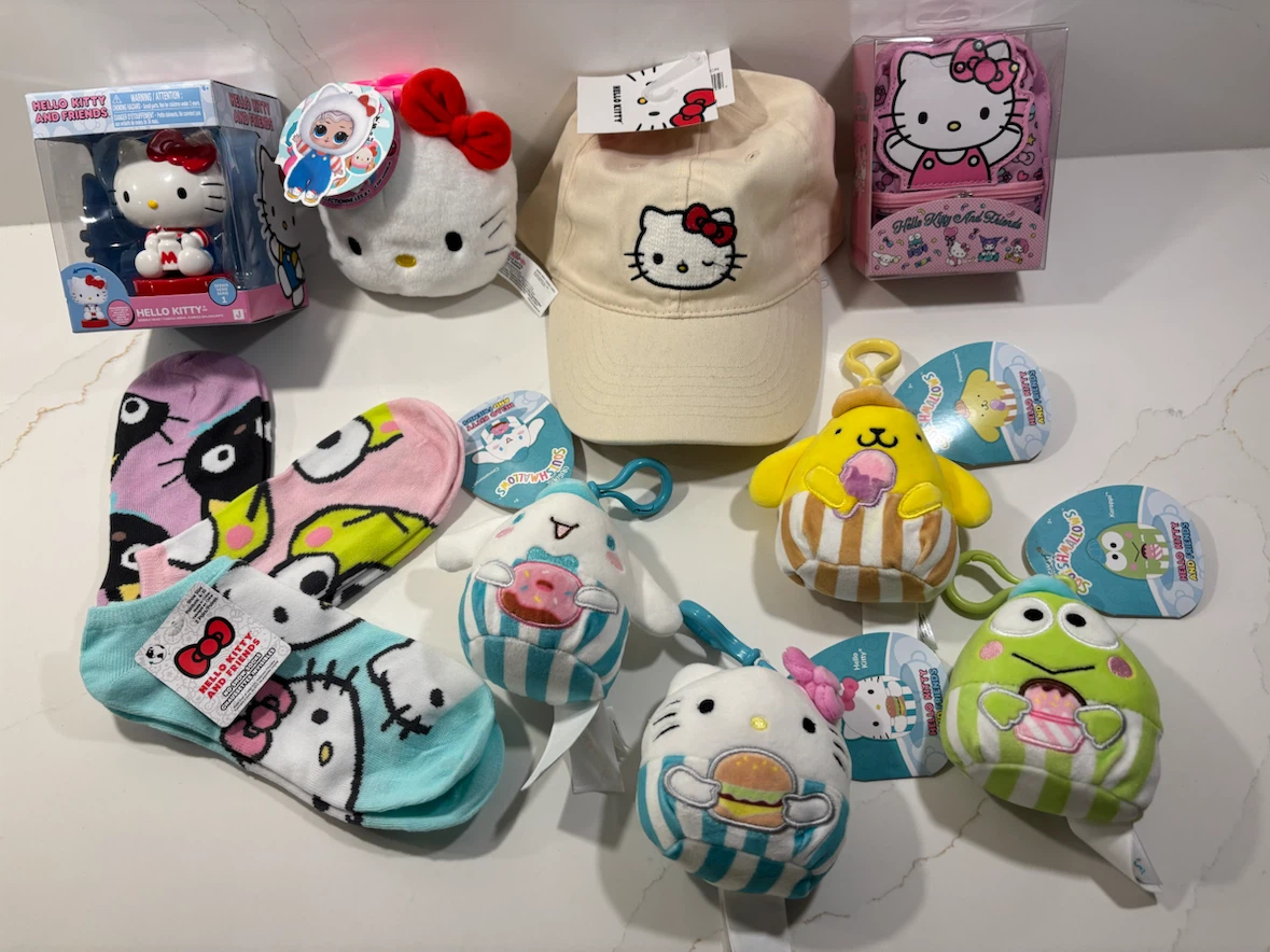 HELLO KITTY HAUL! 11 items: Cap, Socks,Bobblehead, Squishmallows