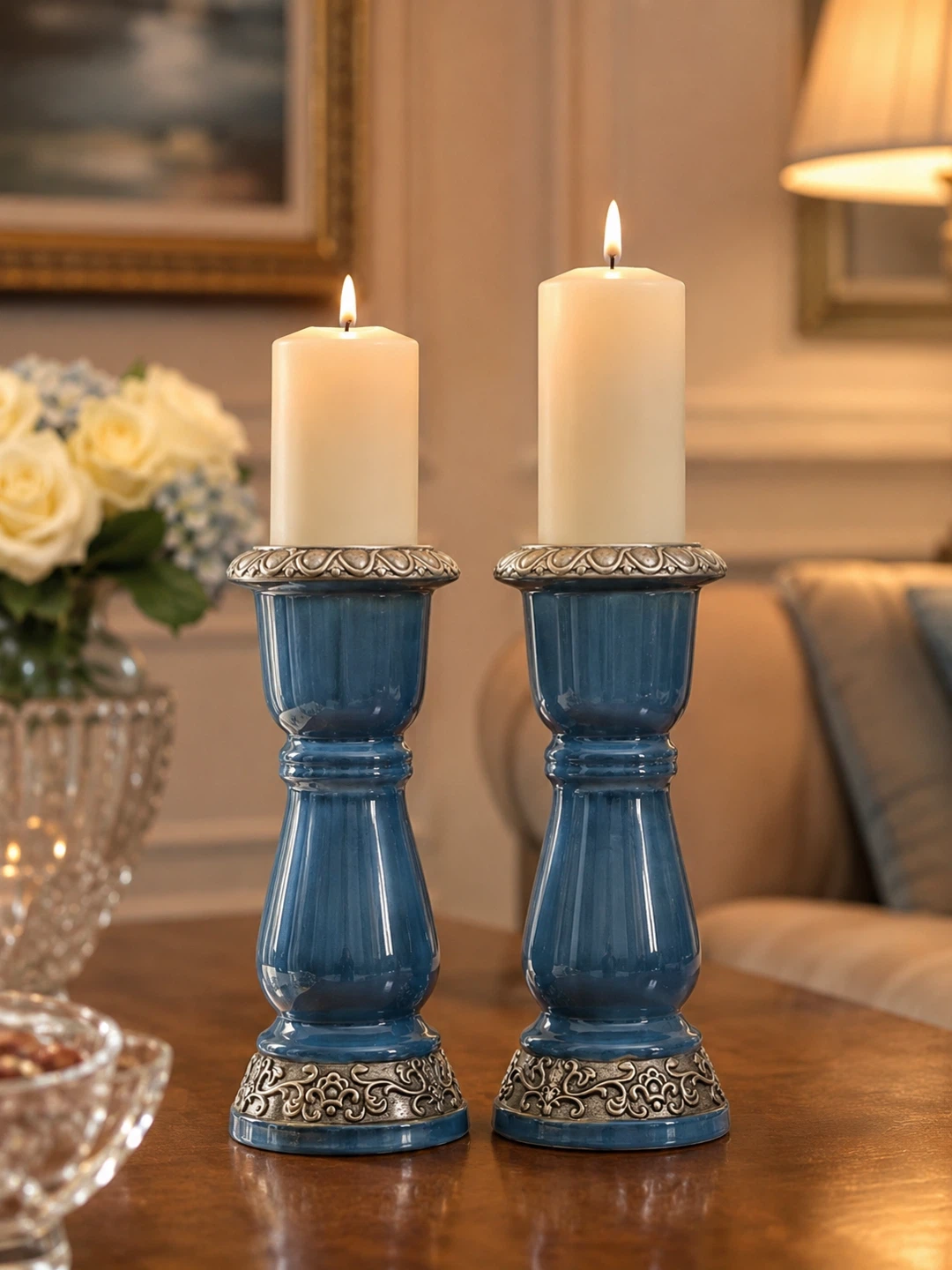Pair of Blue Ceramic & Metal Candlesticks