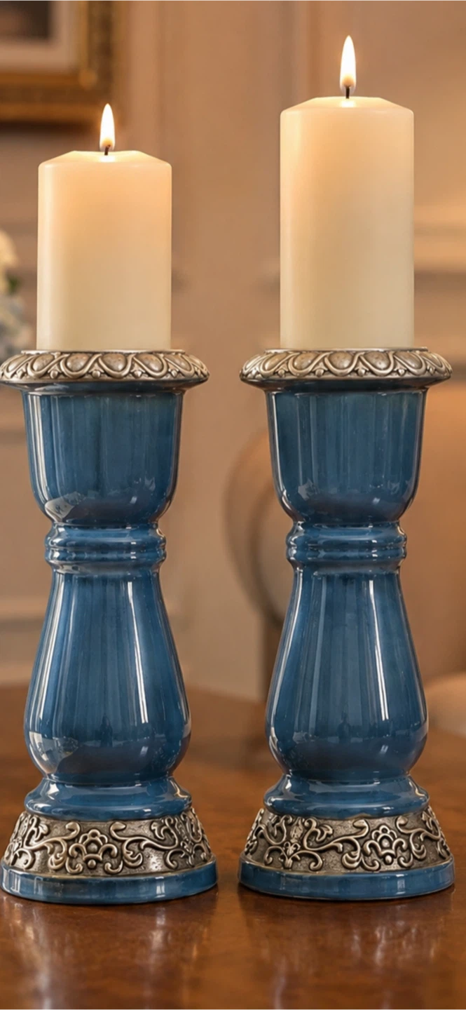 Pair of Blue Ceramic & Metal Candlesticks - photo 2