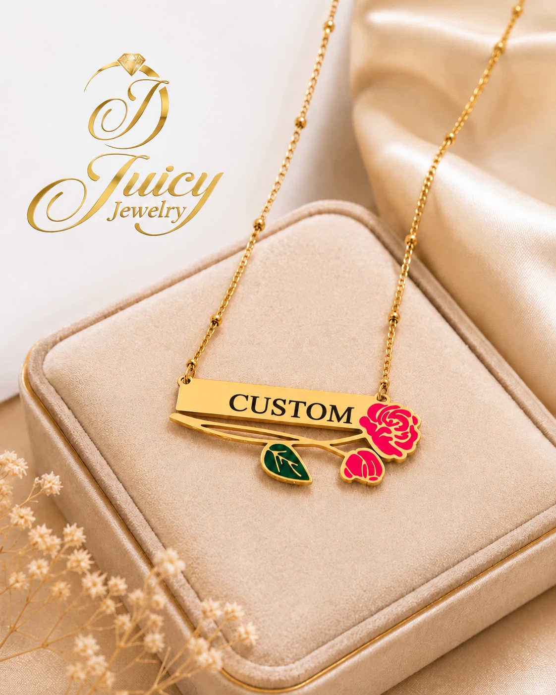 Custom Women necklace Rose Nameplate free gift box