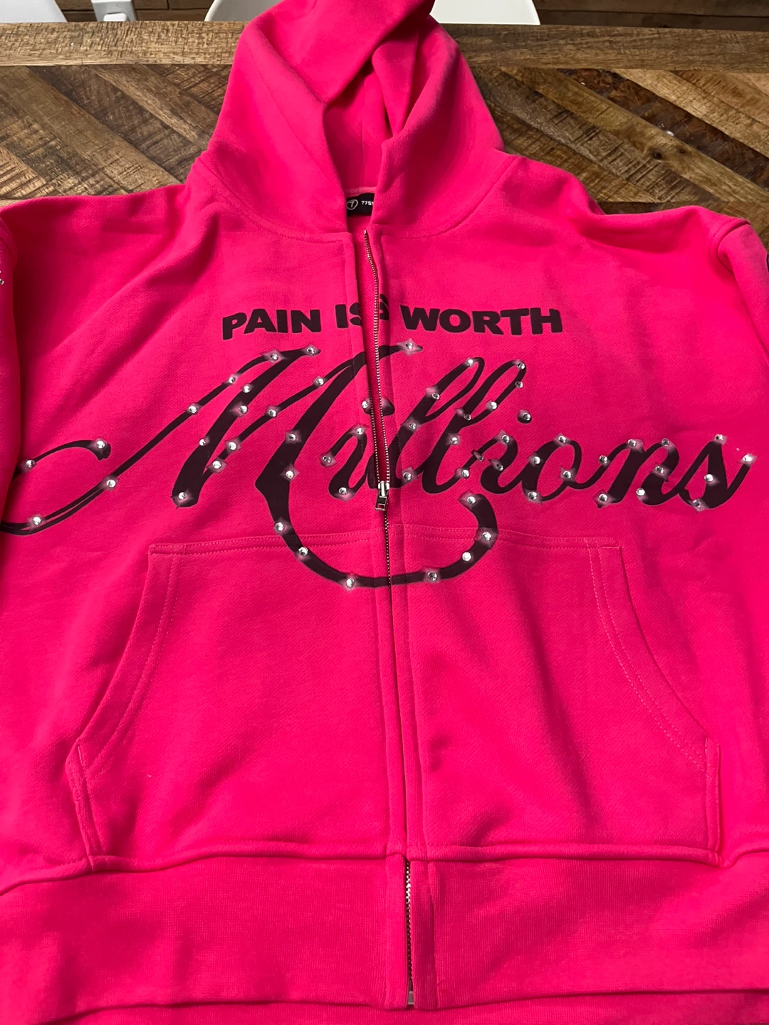 77Studios Hot Pink Rhinestone Zip-Up Hoodie