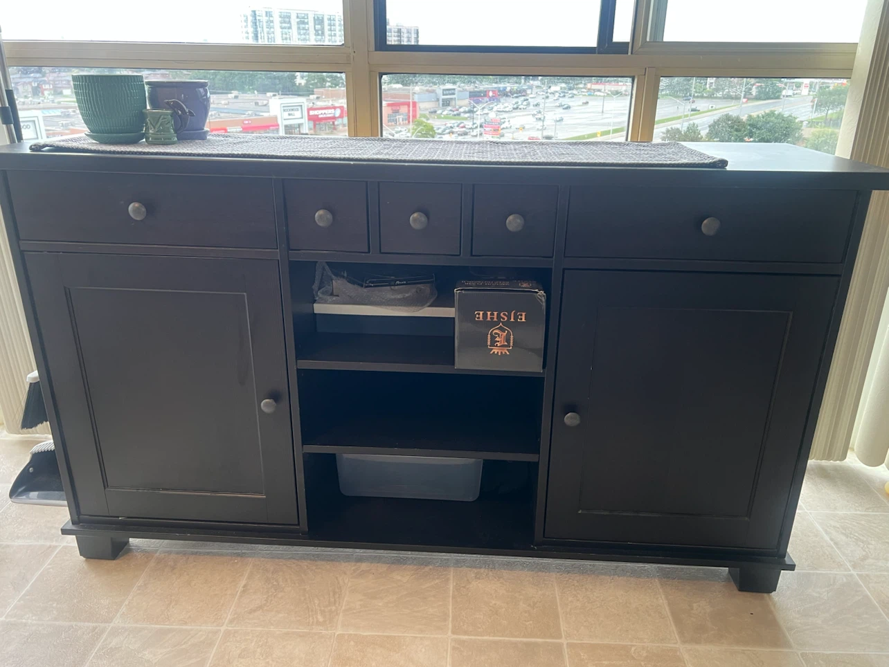 Dark Brown Sideboard with Drawers and Cabinets