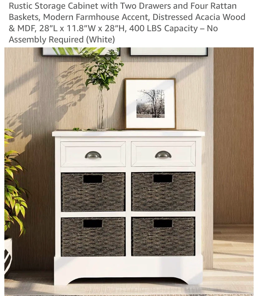 New Wood Cabinet with Two Drawers and Four Rattan Baskets