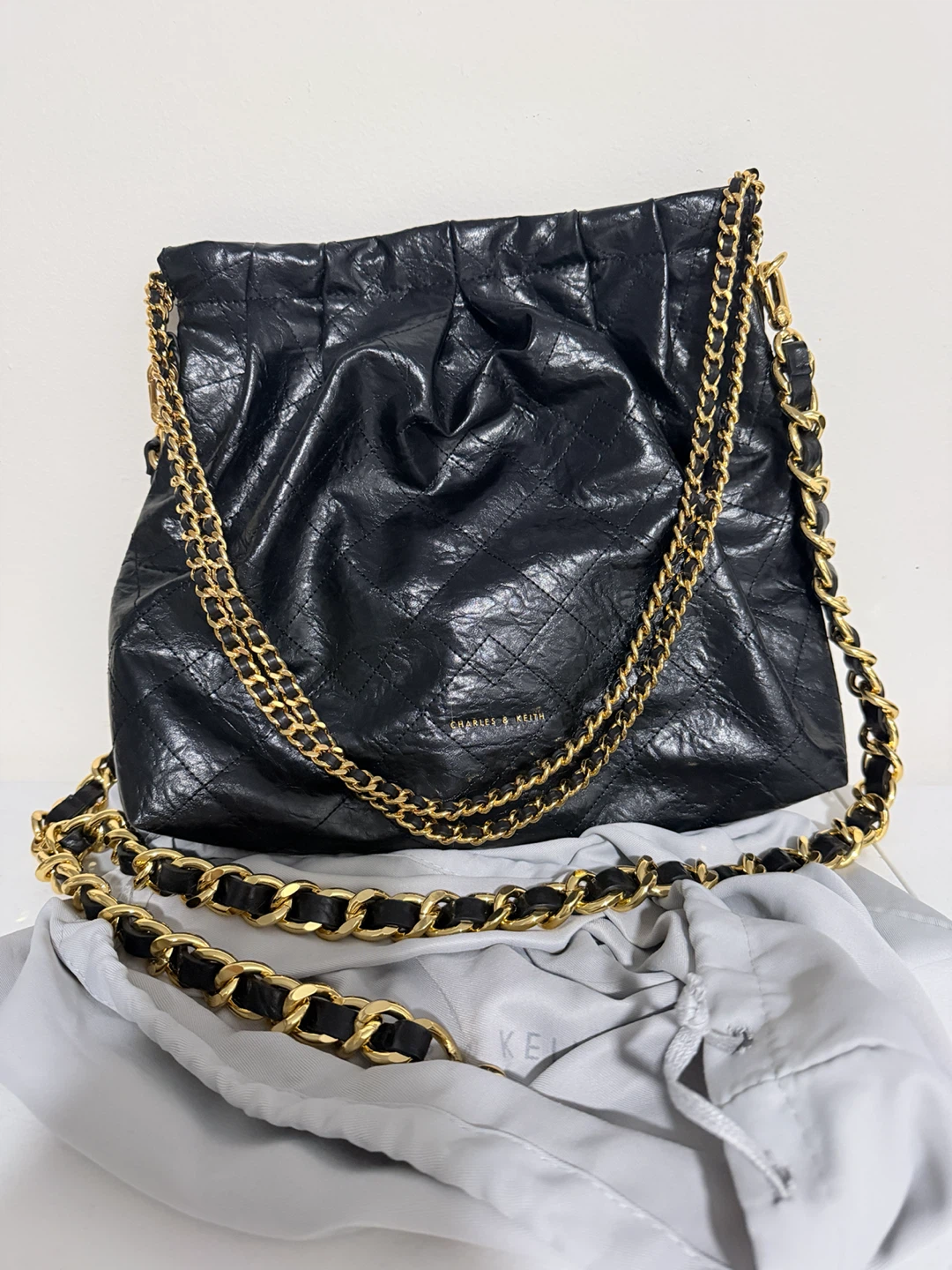 Charles & Keith Black Quilted Chain Shoulder Bag