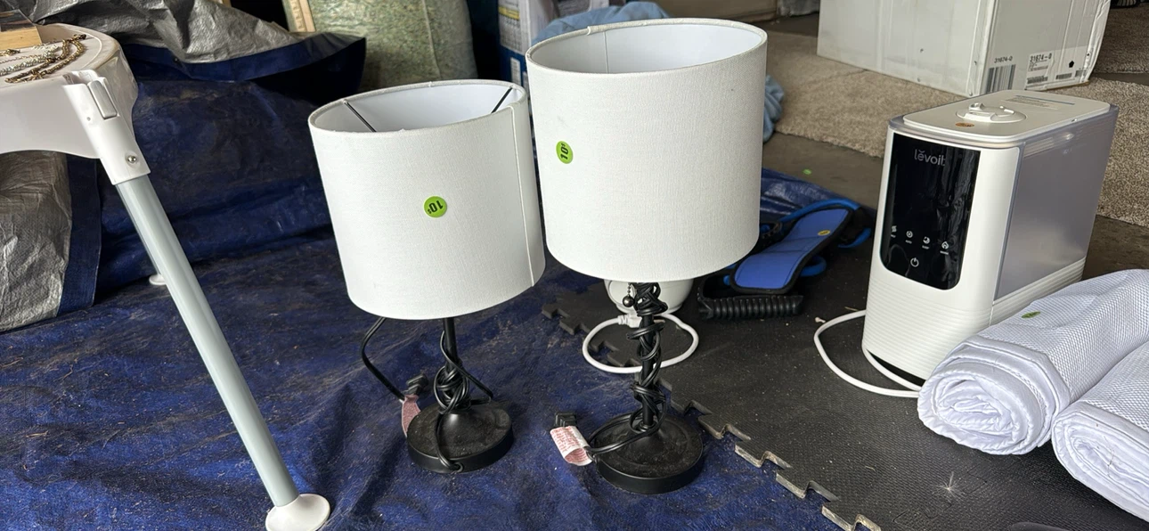 Two Black Table Lamps with White Shades