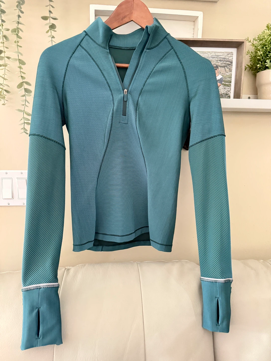 Teal Blue Striped Quarter Zip Long Sleeve Top with Thumbholes
