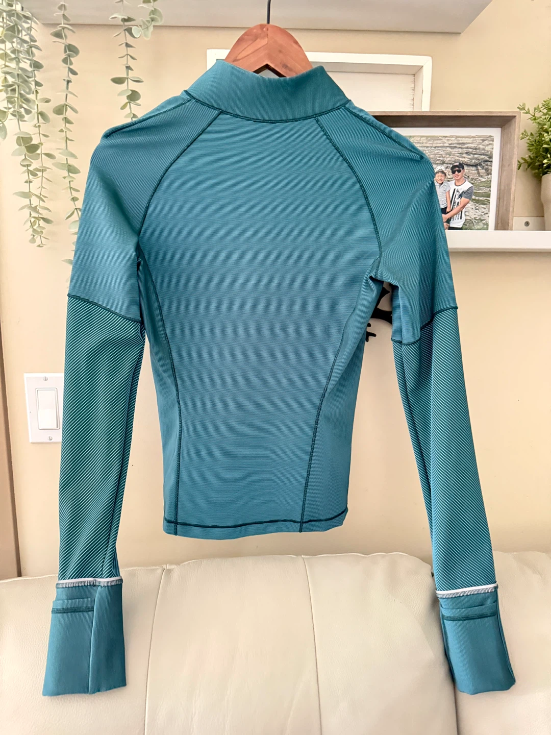 Teal Blue Striped Quarter Zip Long Sleeve Top with Thumbholes - photo 2