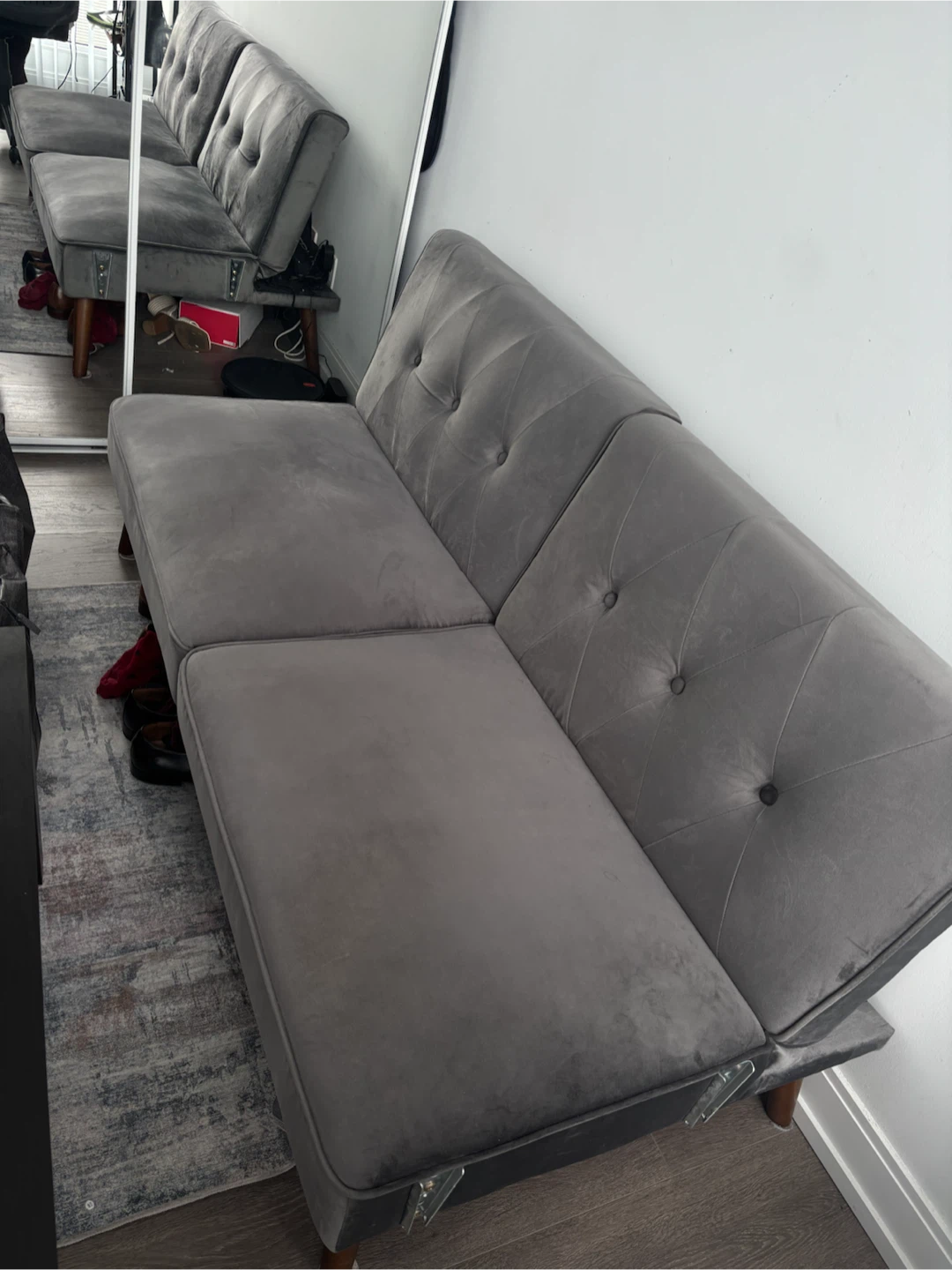 Grey Tufted Sofa with Wooden Legs - photo 4
