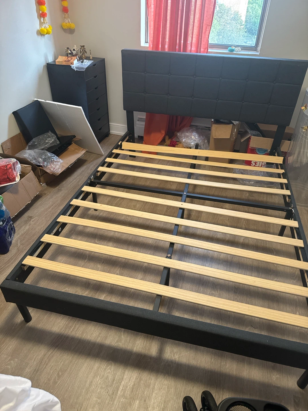 Queen Black upholstered bed frame with headboard