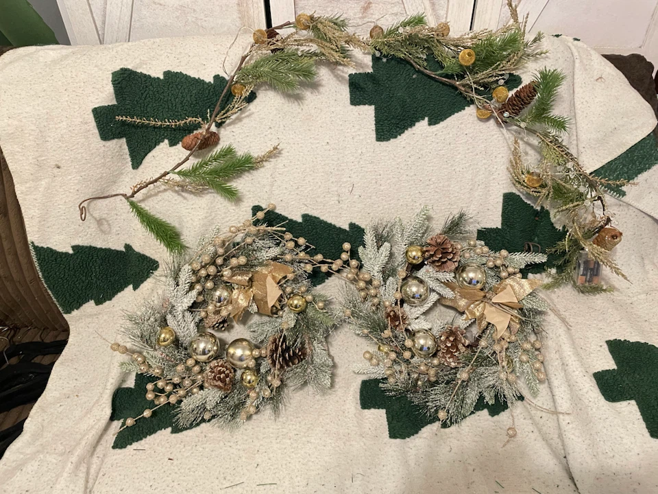 Set of 2 Lighted Christmas Wreaths and garland