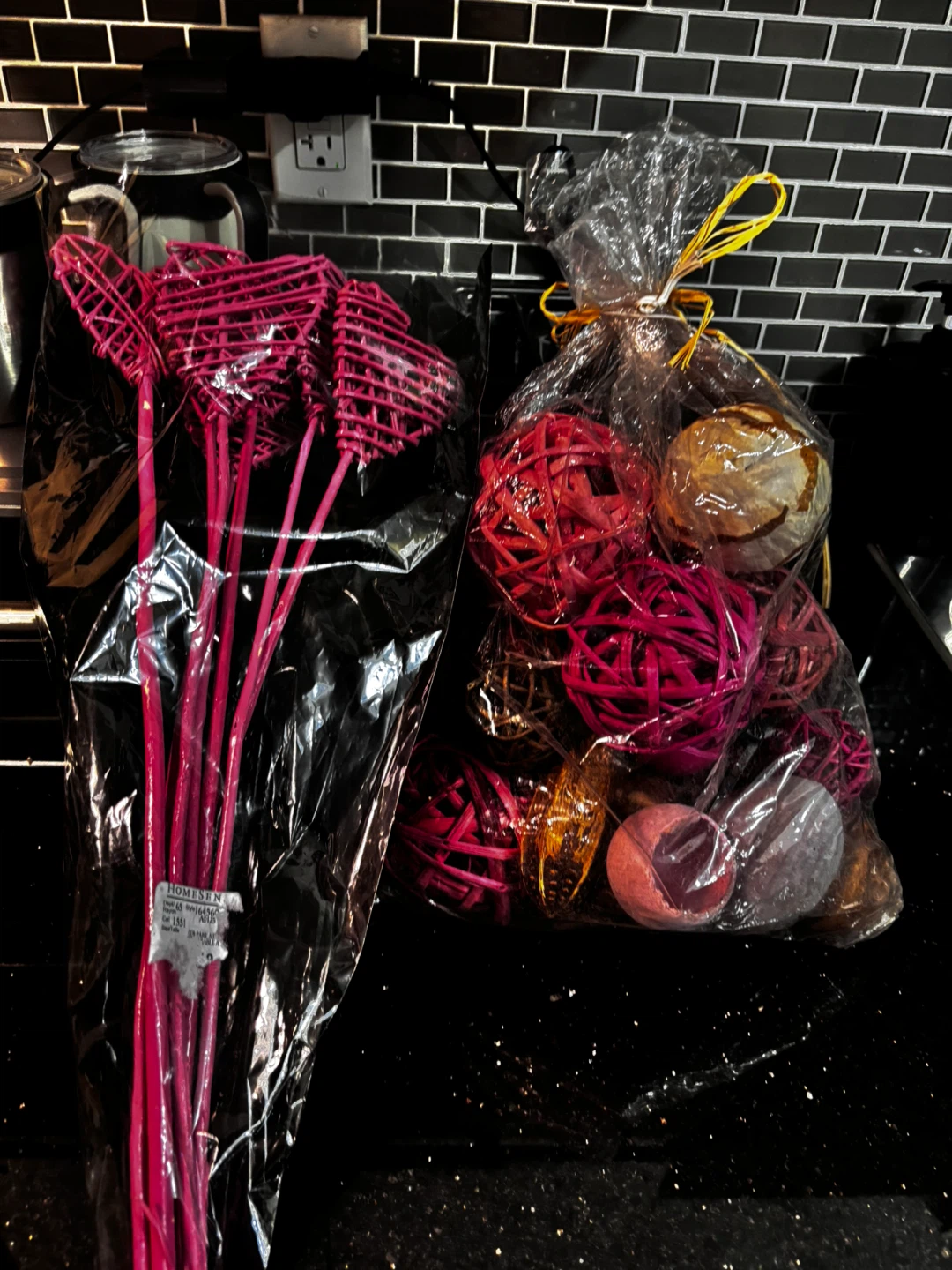 New, Pink Woven Heart Picks & Decorative Balls