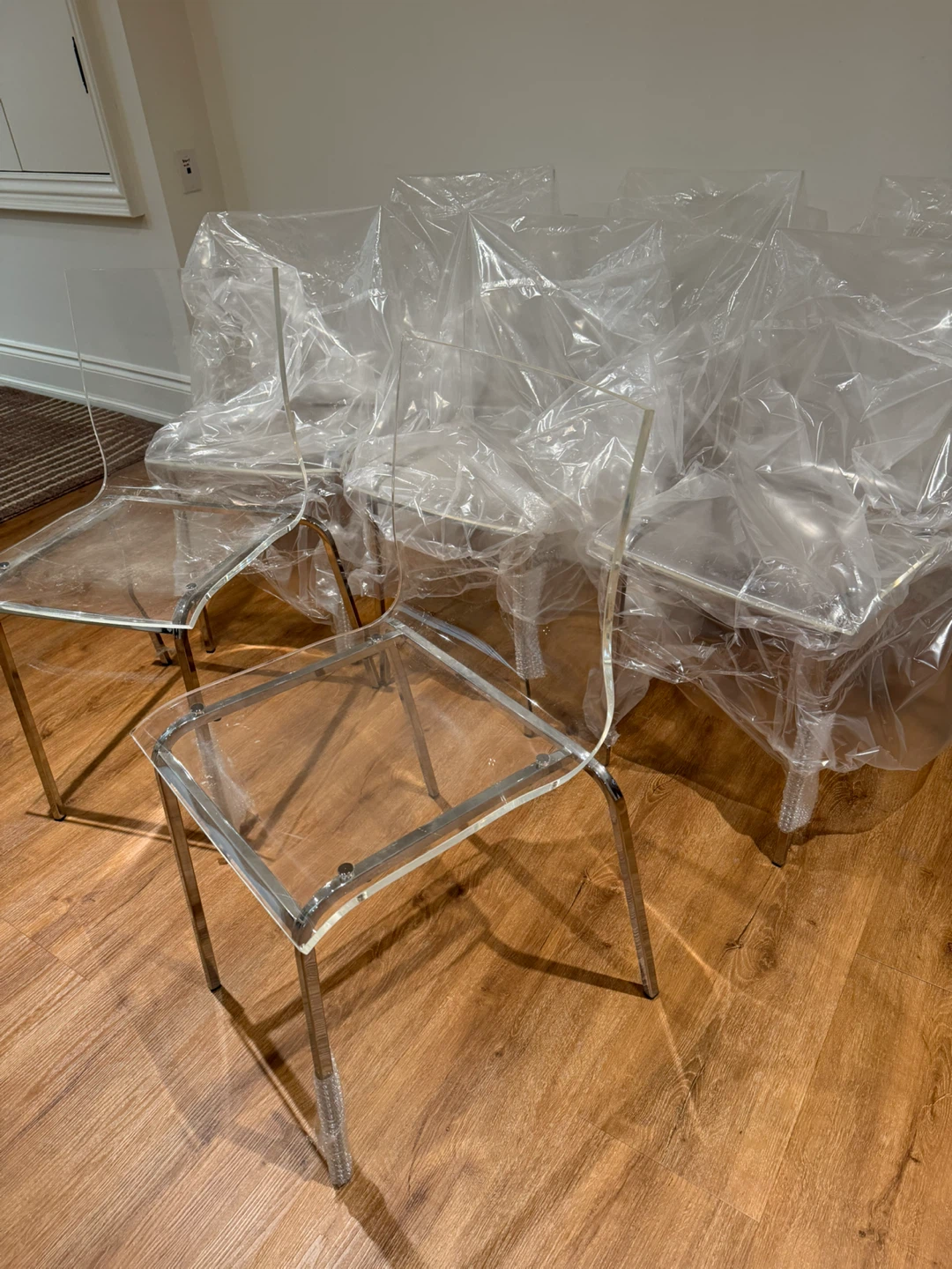 8 NEW Transparent Acrylic Din chairs Crome Legs $125 EACH CHAIR