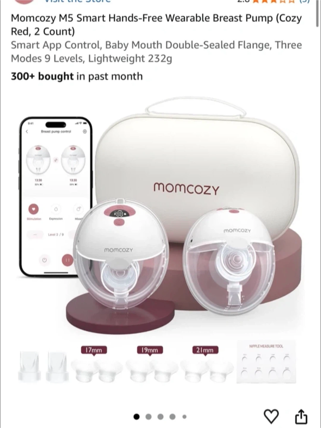 Momcozy M5 Smart Wearable Breast Pump - Red, 2 Count