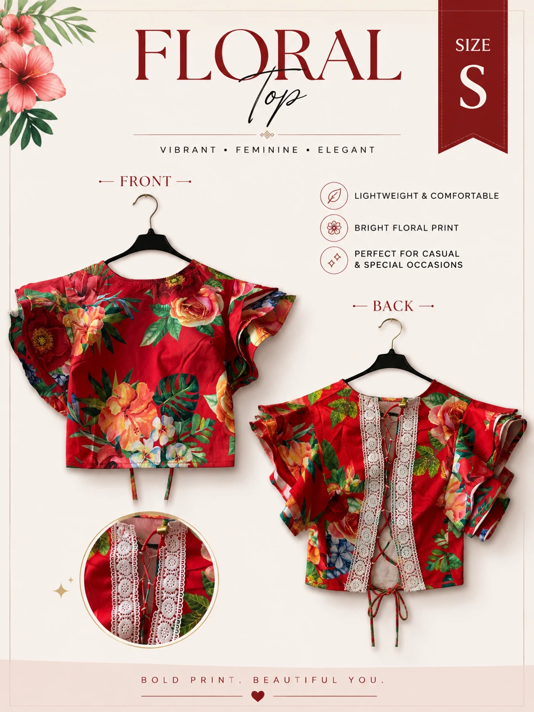 Floral Top - Red with Ruffles