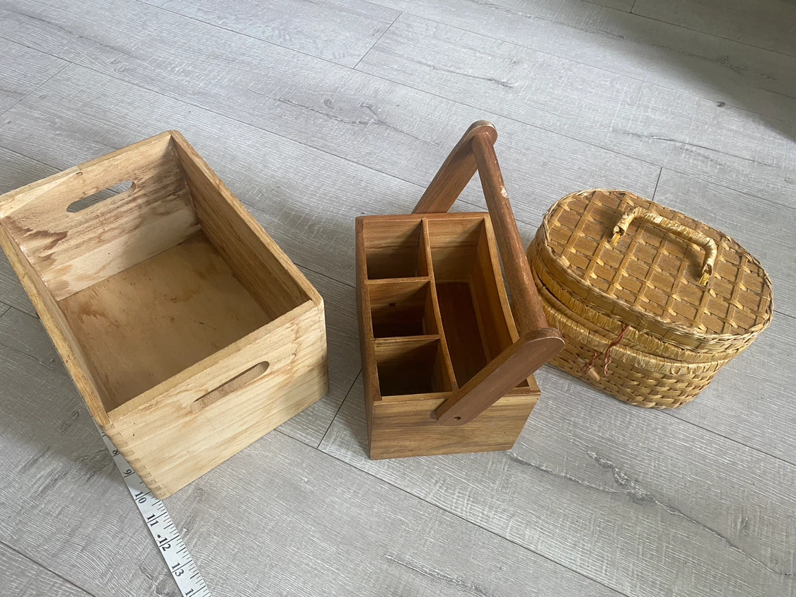 Wooden Crate, Divided Organizer, and Woven Basket Set