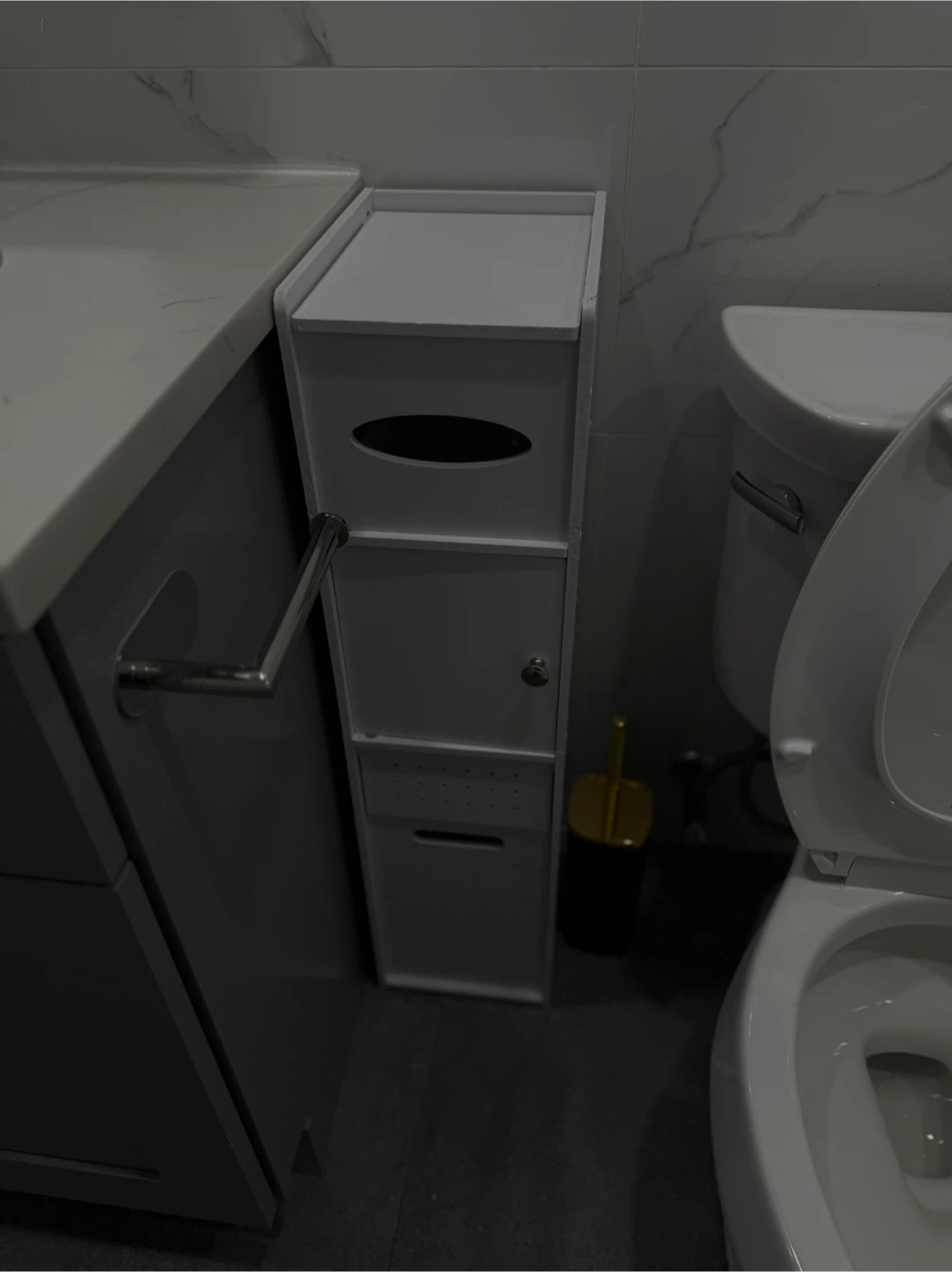 White Slim Storage Cabinet with Drawer and Oval Cutout