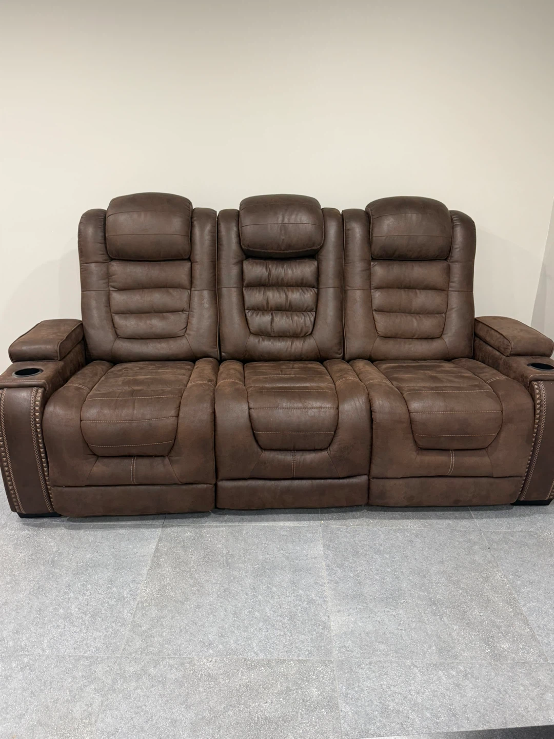 Brown Leather Reclining Sofa with Cup Holders