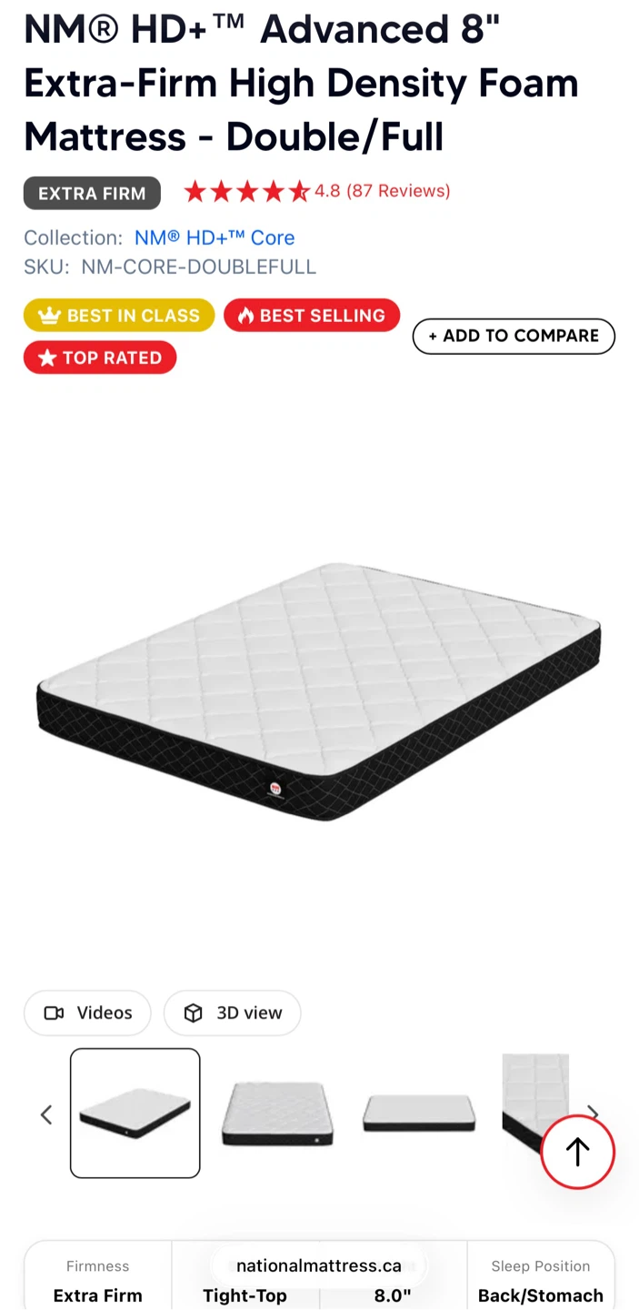 8" Extra-Firm High Density Foam Mattress - Double/Full