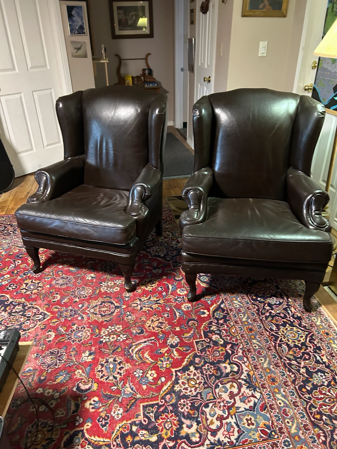 Pair of Dark Brown Leather Wingback Chairs