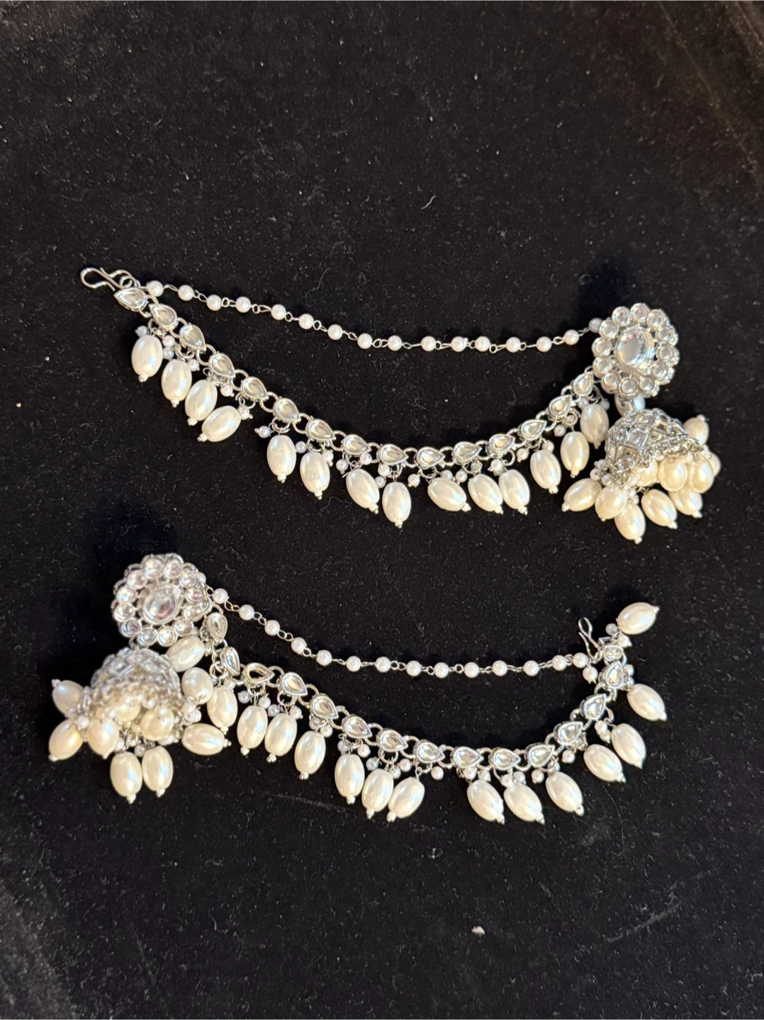 Silver-Tone Jhumka Earrings with Pearl Chain