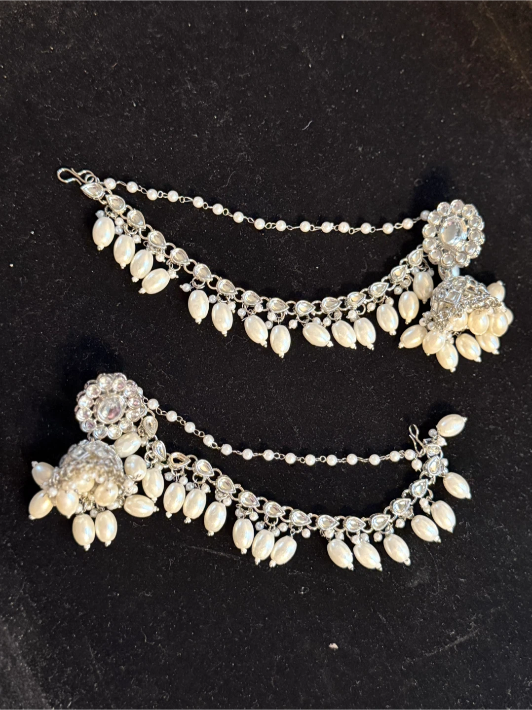 Silver-Tone Jhumka Earrings with Pearl Chain - photo 2