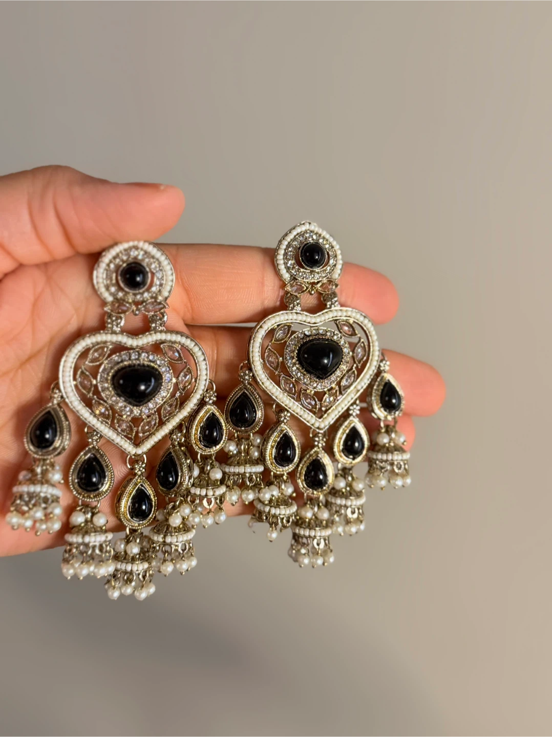 Black and white heart design jhumka earrings