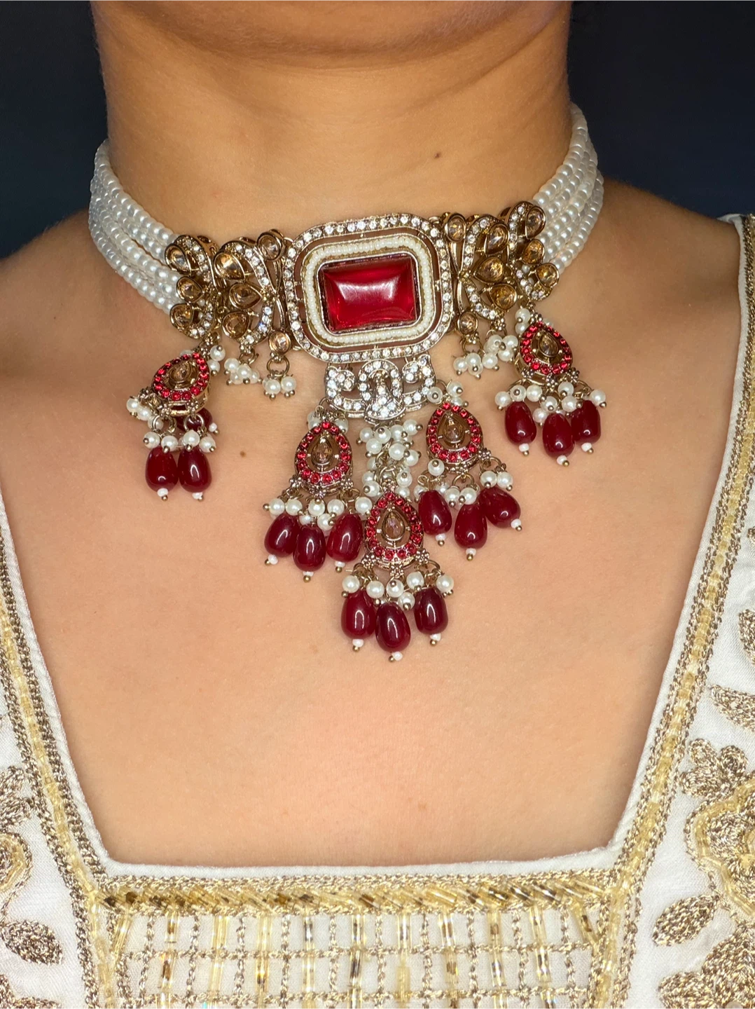 Red and White Pearl Choker Necklace Set - photo 2