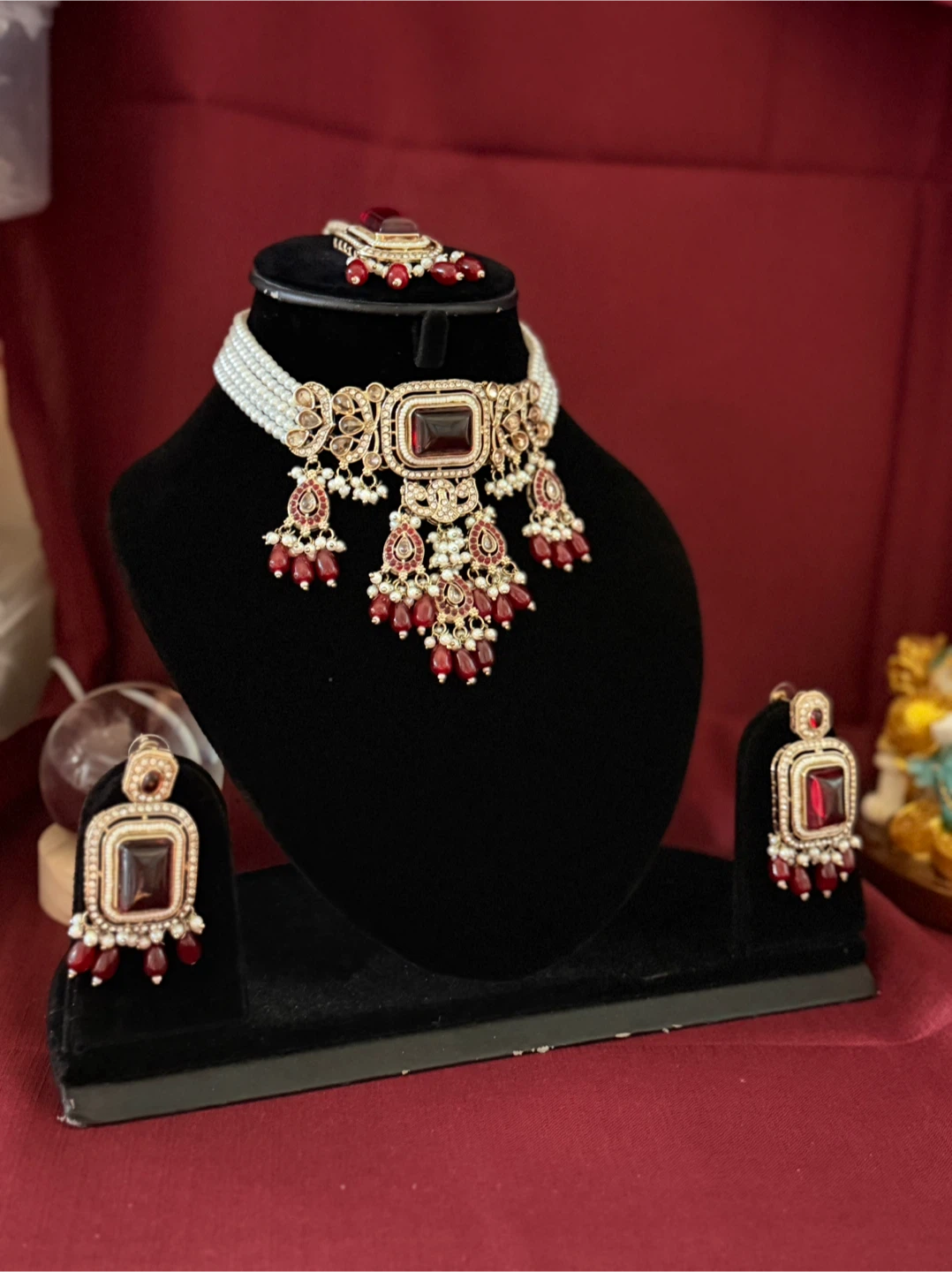 Red and White Pearl Choker Necklace Set - photo 3