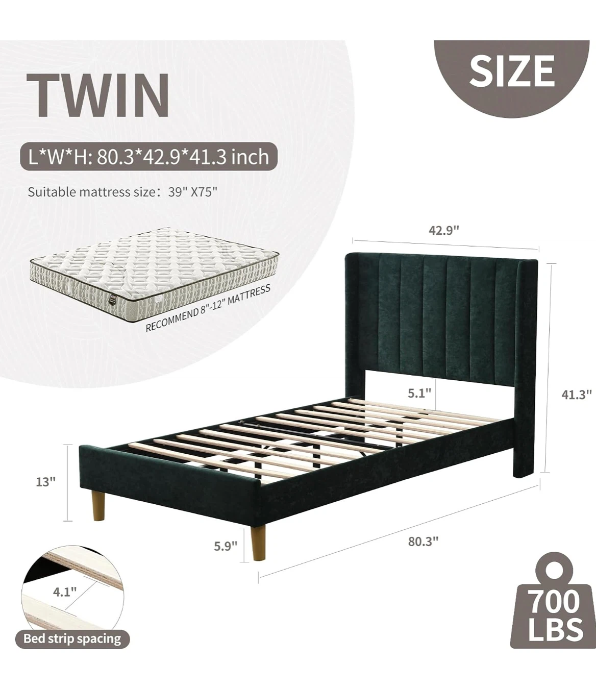 Dark Green Velvet Twin Bed Frame - photo 2