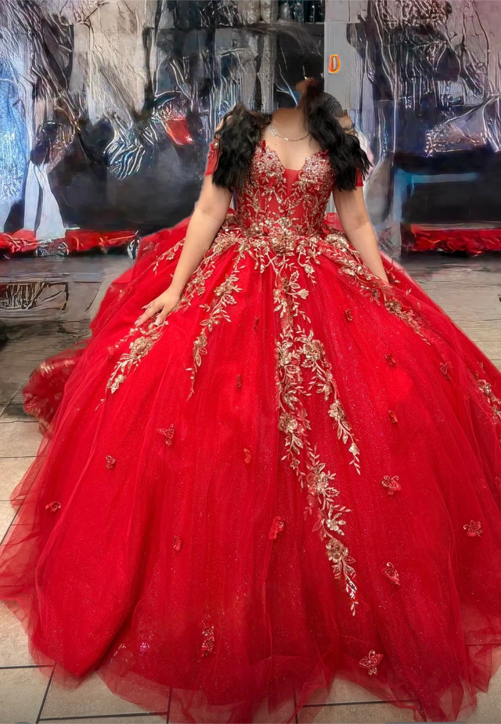 Red Quinceanera Ball Gown with Gold Embroidery